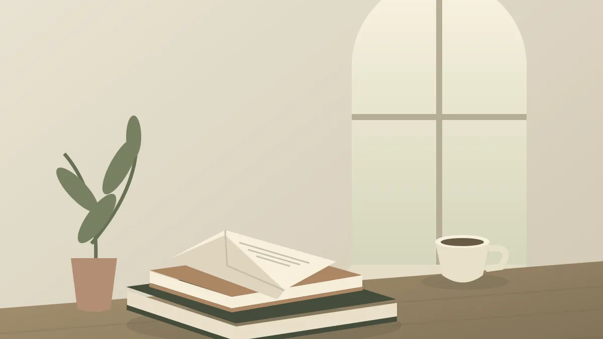 An original illustration of an open book, a cup and an olive branch beside a sunlit window.